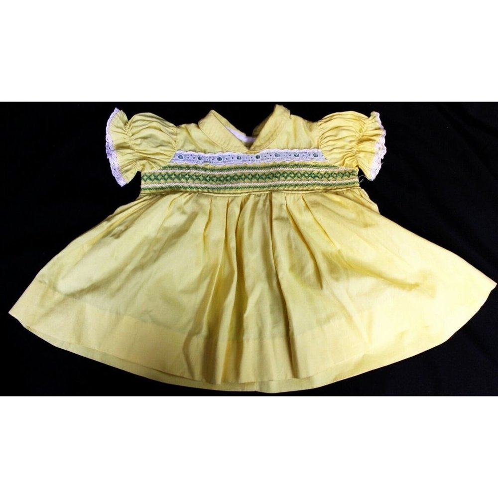 Vintage 80s? Handmade Yellow Dress with Green and White Embroidered Accents